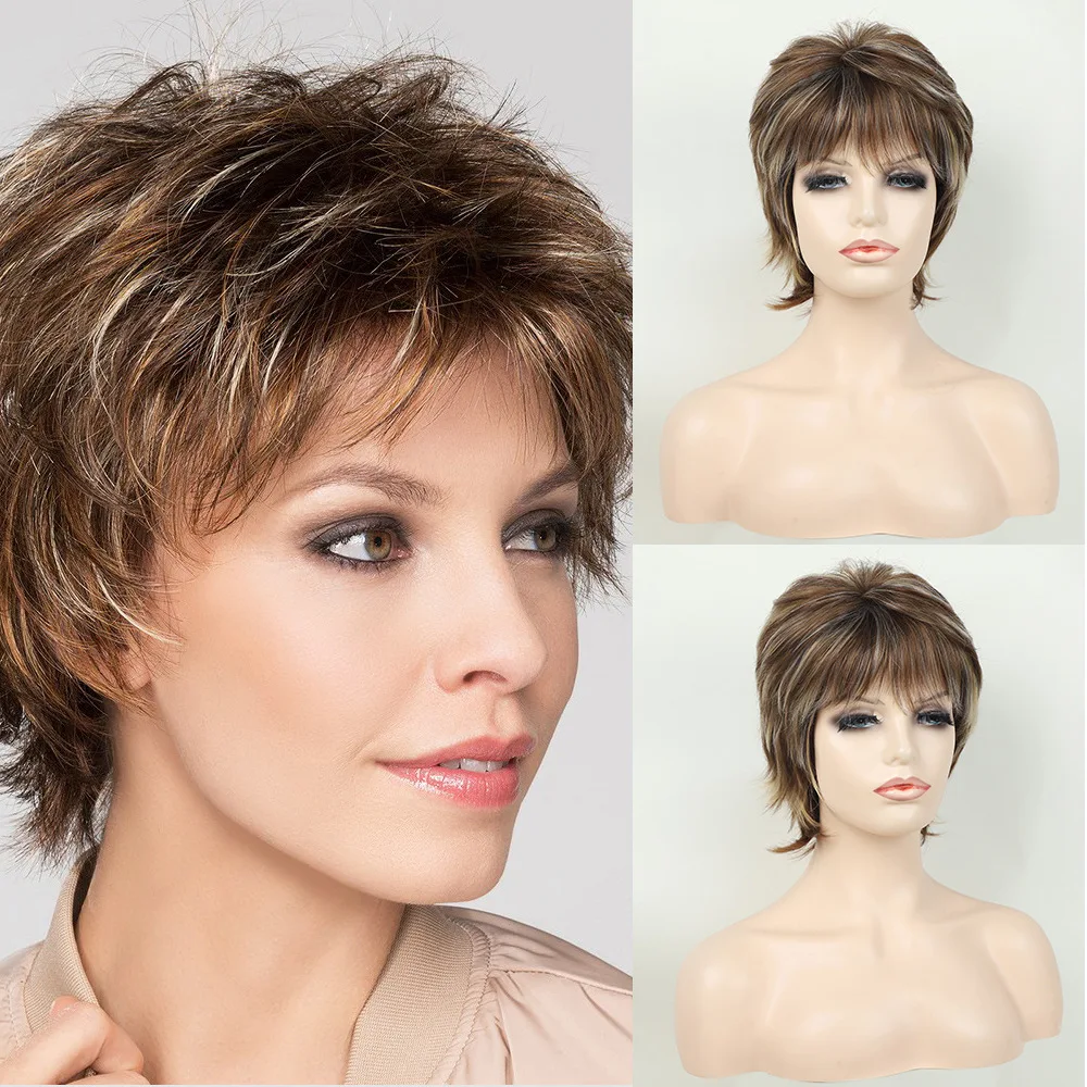 

Synthetic Wig Women Short Straight Hair Brown Spot Dyed Wig With Bangs Rose Breathable Inner Mesh Daily Party Use Hair Wigs