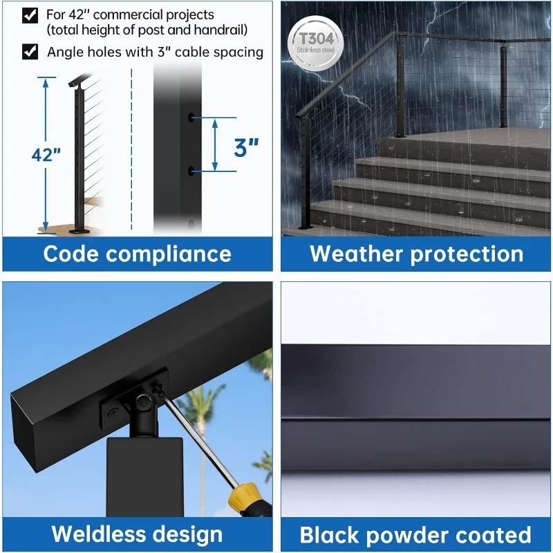 4 упаковки, черные лестничные кабельные перила, 42 x 2 x 2 дюйма, T304, комплект системы кабельных перил из нержавеющей стали для использования в помещении и на открытом воздухе