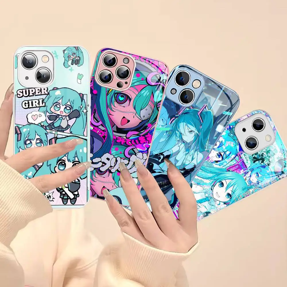 Coque en verre trempé pour iPhone 14 13 12 11 Pro Mini XS MAX 14Plus X XS XR, motif M-Miku, le chanteur virtuel mignon