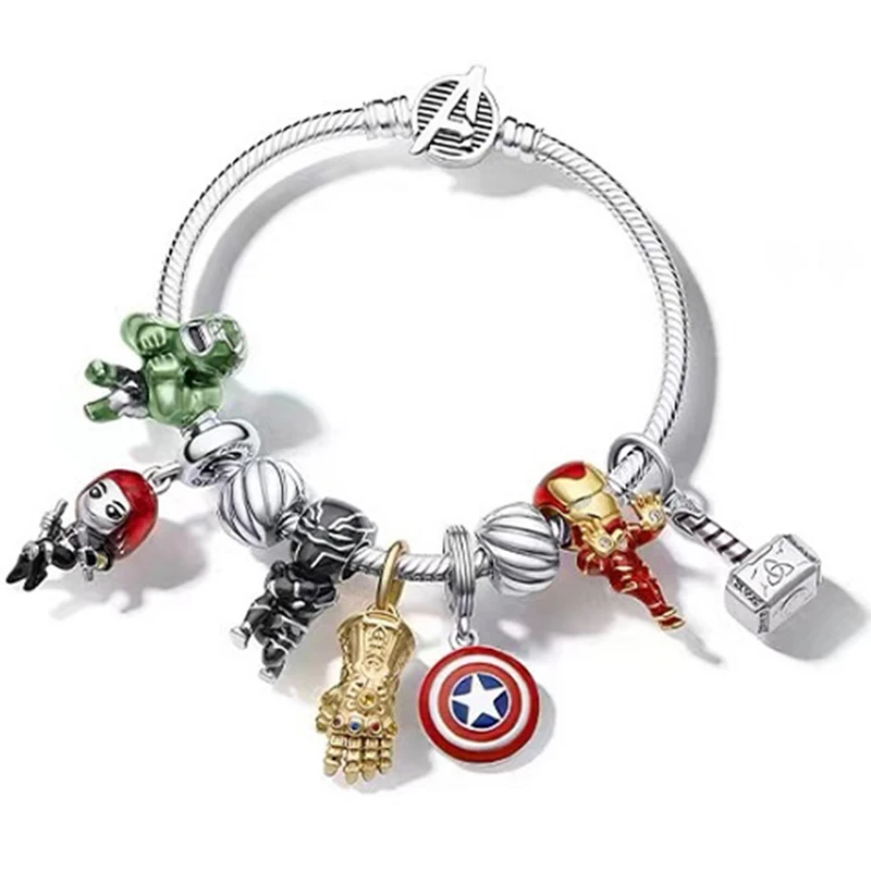 Pulsera con dijes de Los Vengadores de Anime de Disney para mujer, brazalete de Marvel, Iron Man, Thor, Hulk, Pantera Negra, cuentas de superhéroe para hacer Bisutería