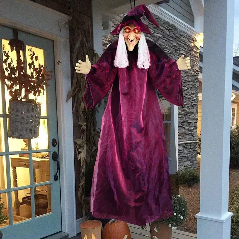 2026 Halloween Spooky Voice Control Lumious Talking Witch Outdoor Purple Animatronic Witch Decor Prop Red Eye Animated Witch view 4