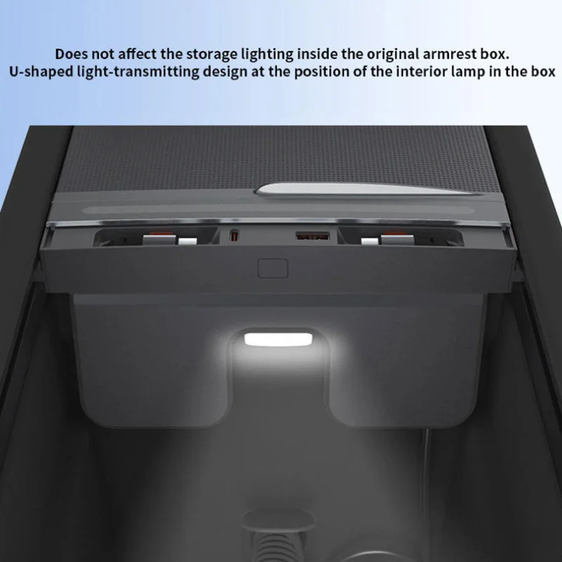 Fast Charger Car Armrest Docking Station for Tesla Model 3 Highland Model Y Juniper,Sliding Dust Cover Music Ambient Light view 4
