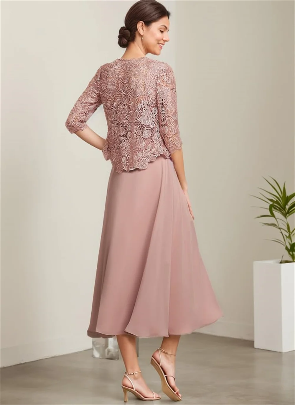 Vestidos personalizados para madre de la novia, 2 piezas, Apliques de encaje, longitud del té, línea A, vestidos de noche formales con chaqueta