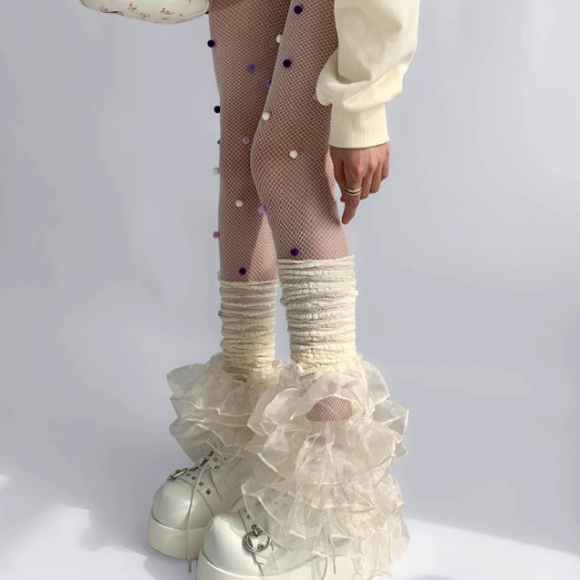 여성용 레이스 트리밍 레그 워머 파티 및 스트리트웨어 패션을 위한 패치워크 디자인의 세련된 주름형 종아리 커버