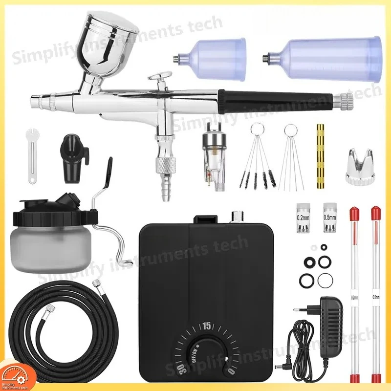 Dual Action Airbrush Kit with 30 PSI High Pressure Auto Stop Stepless Control Compressor for Model Painting Makeup Nail Art