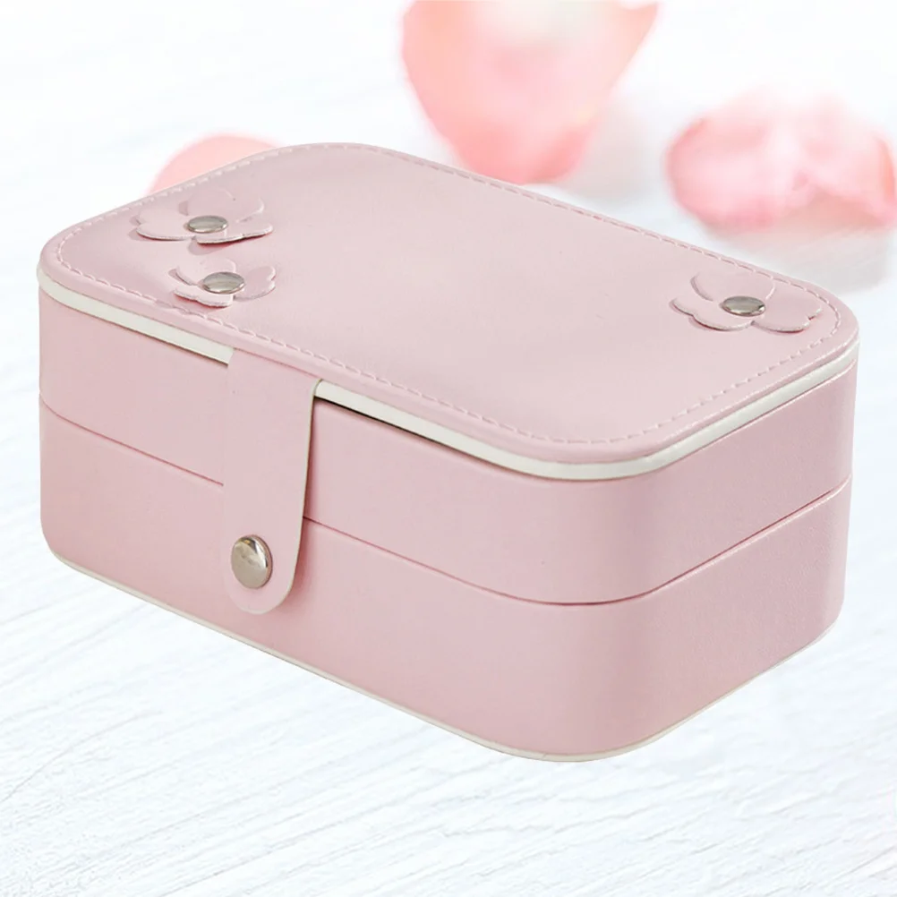 PU Mini Jewelry Box Double Layer Circular Bead Retro Design Portable Jewelry Storage Box for Women Travel Gift Pink