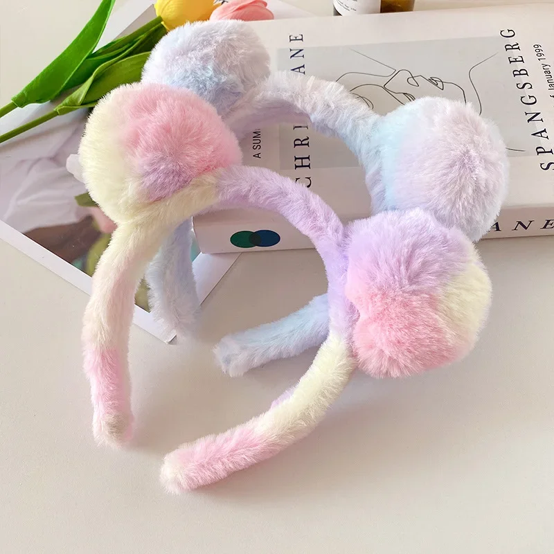 Cute gradient plush bear ear headband women's autumn and winter fashion face wash hair band mask special color headwear