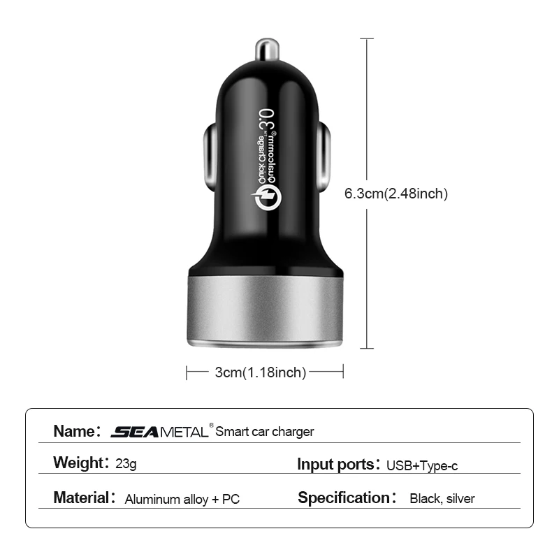 SEAMETAL USB C Car Charger 20W 2 Ports PD2.0 QC3.0 Digital Display Car Phone Charger For iPhone Samsung Quick Charging Adapter