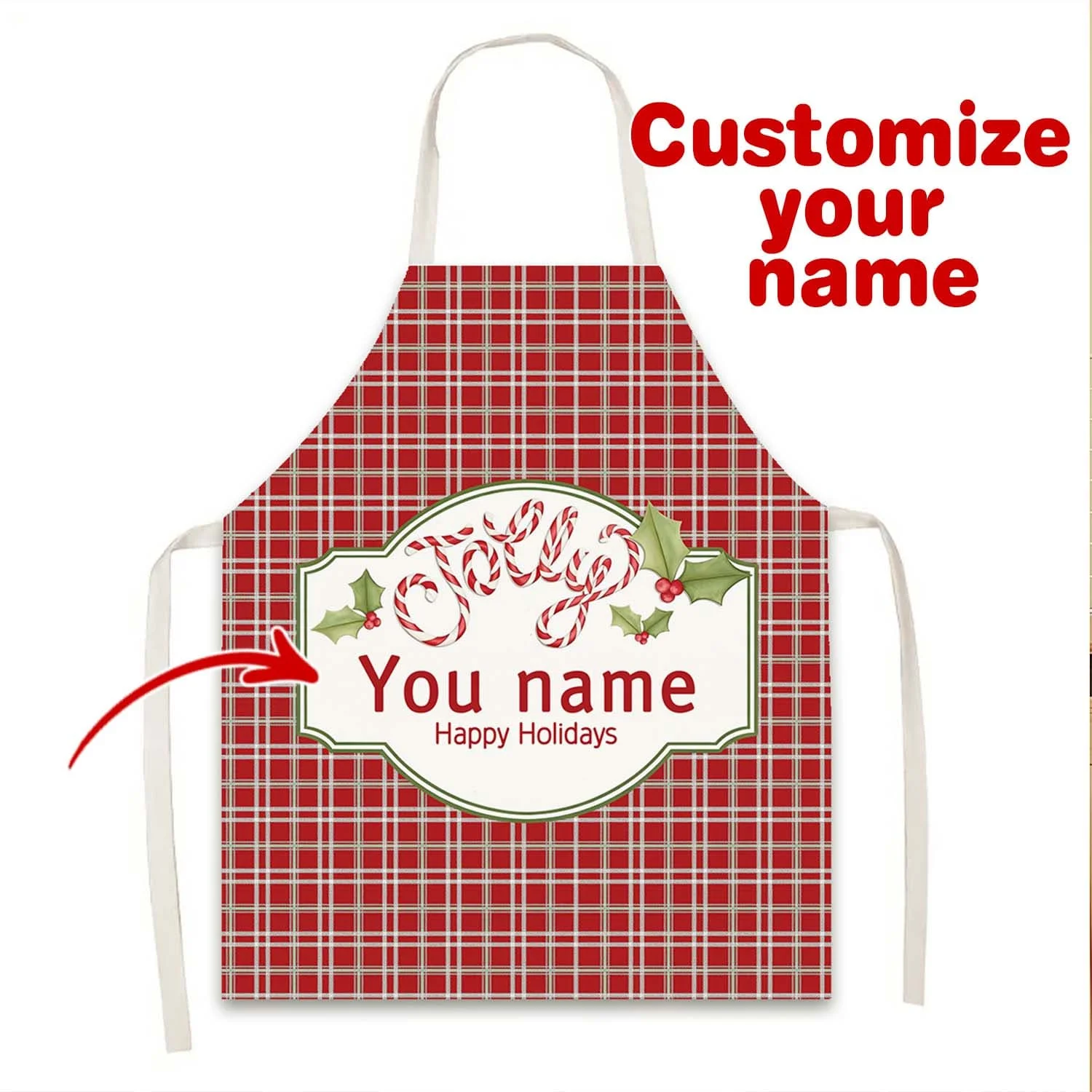 1PC Personalized Christmas Apron Custom Name Text Red Plaid Xmas Print Cooking Baking Kitchen Apron for Chef Waiter Holiday Gift