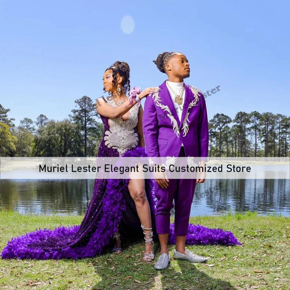 

Elegant Purple Suit Men For Wedding Crystals Beading Appliques Jacket Pants 2 Pieces Set Groom Tuxedos Terno Masculinos Completo