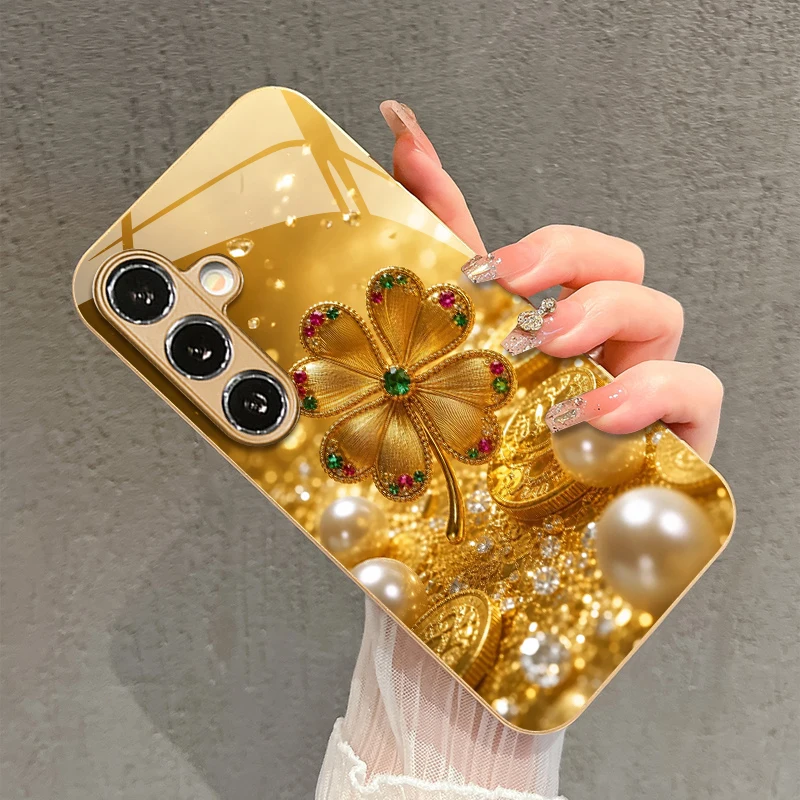 Colorful Gem Four-leaf Pattern 2D Phone Case for Samsung S26 S25 S24 S23 S22 S21 S20 Golden Metal Paint Glass Protective Cover view 2