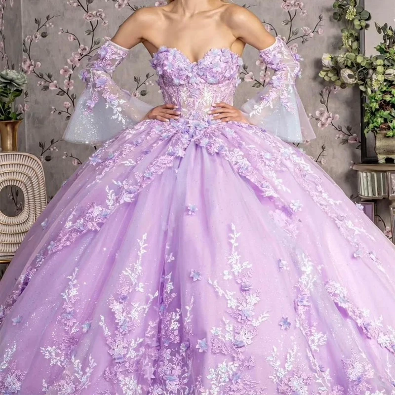 

Lilac Princess Quinceanera Dresses Ball Gown Off Shoulder Applique Lace Tull Coset vestido 15 quinceañeras dorado Sweet 16 Dress