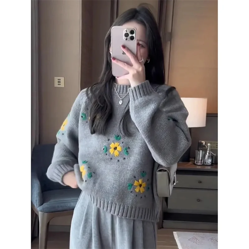 

Korean Feminine Round Neck Loose Sweater Spring Autumn Ladies Jacquard Pullover Knitting Women Fashion Long Sleeves Knitted Tops