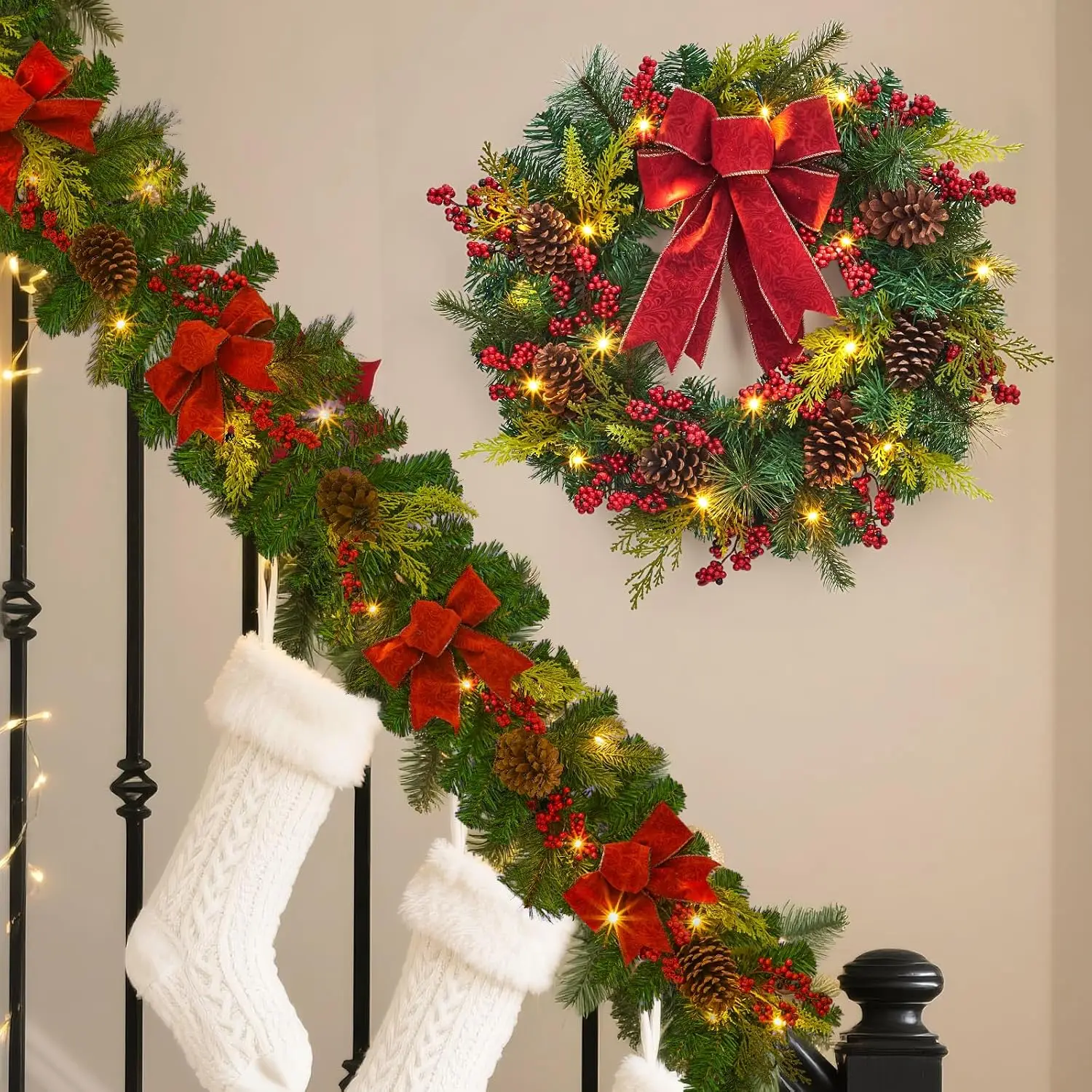 Garvee 24 Inch Christmas Red Fruit Wreath Christmas Wreath with 20 LED Bulbs Suitable for Door Hanging Xmas Decoration,Home Decoration Simulation Flower Wreath