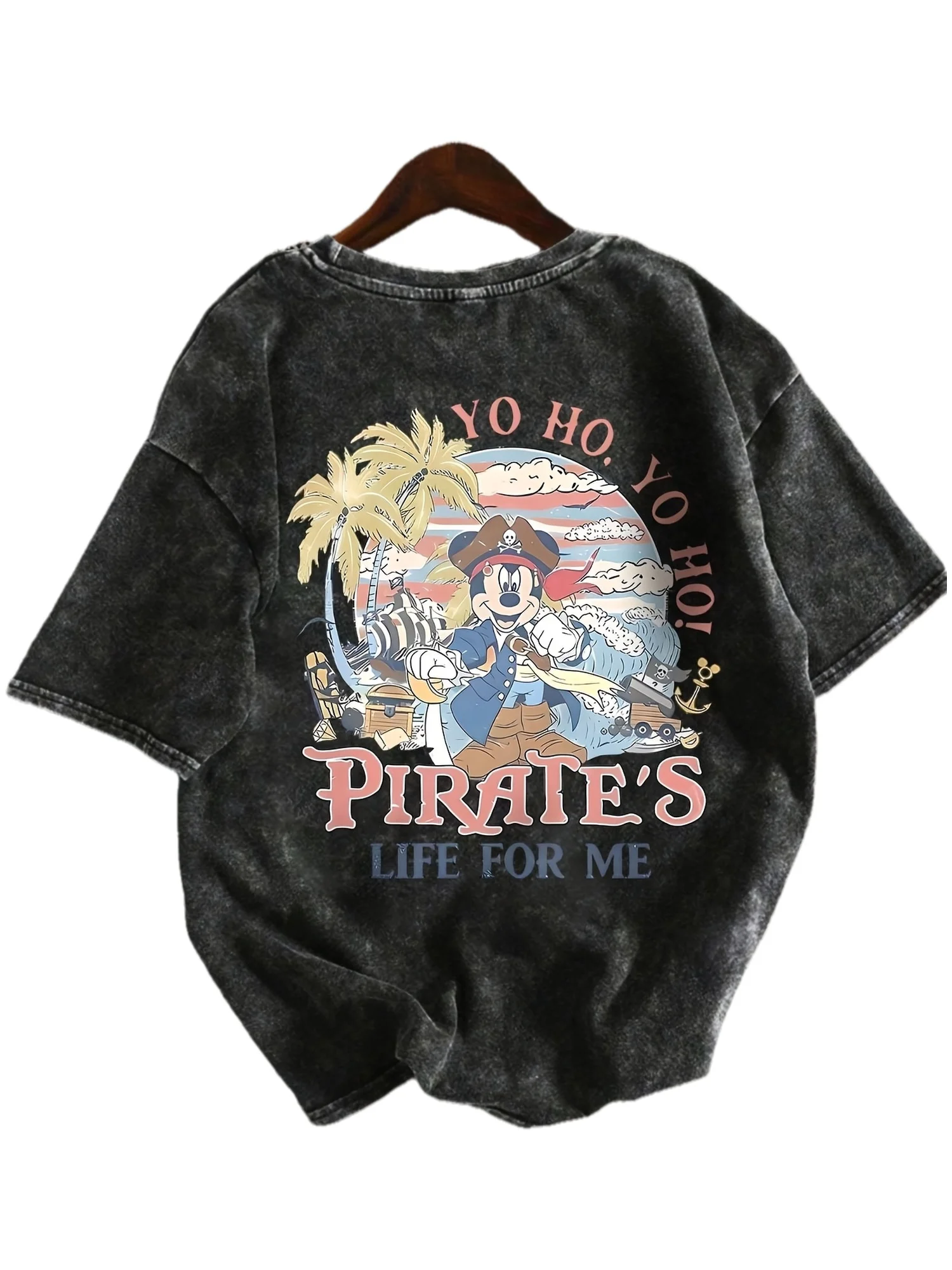 تي شيرت ديزني بايرتس ميكي بنمط قراصنة ميكي مصنوع من نسيج ناعم، قميص صيفي كاجوال برقبة دائرية مع نمط للعطلات، ملابس بحر ممتعة