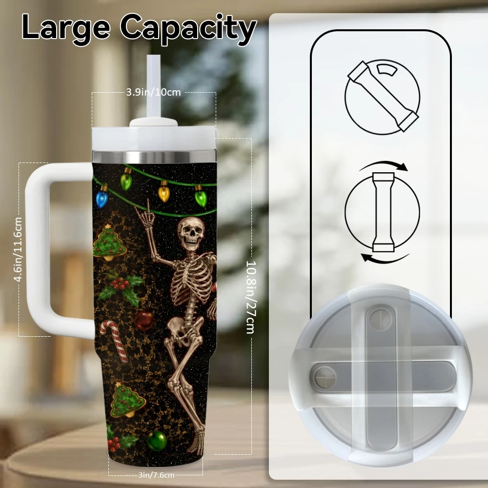Skull Design Vacuum Flasks 40oz Thermal Stainless Steel Tumbler with Handle Straw Leakproof Mug