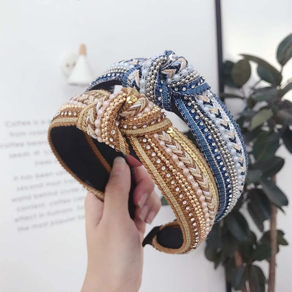 

Girl Headband Knotted Cloth Diamond Headband Knitted Hair Hoop Fashion Crystal Hairband for Women Headwear