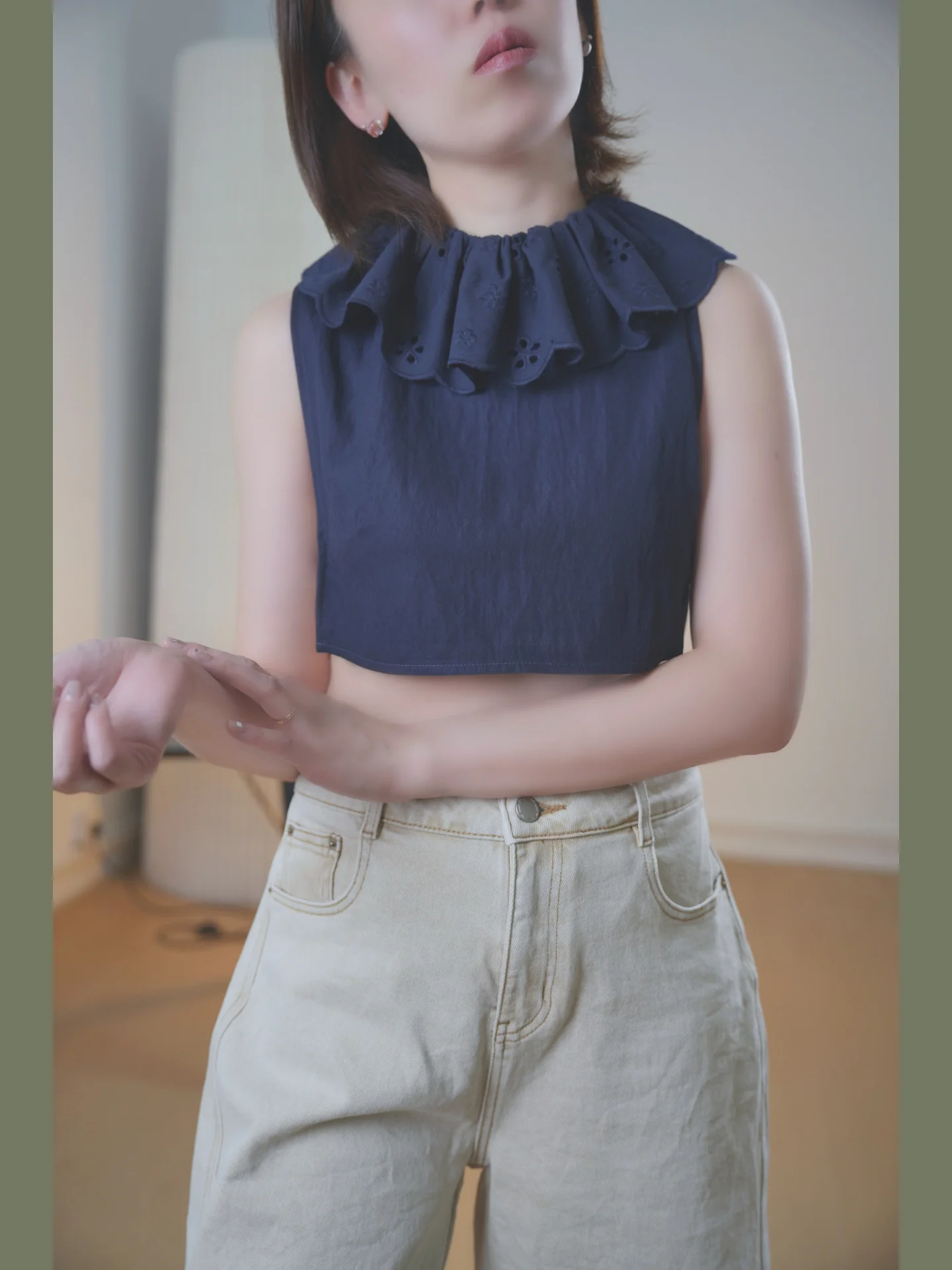 duvier-blue-45r-style-loose-design-poetic-lace-trim-inner-match-fake-collar-hidden-blue-casual-pure-color-shirt