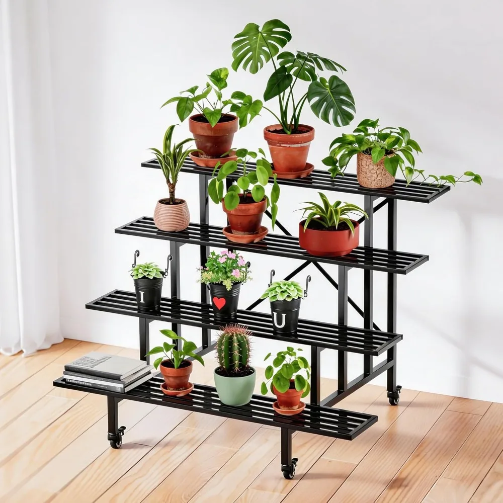 4 Tier Heavy Metal Plant Stand with Wheels 880 LBS Capacity for Indoor Outdoor