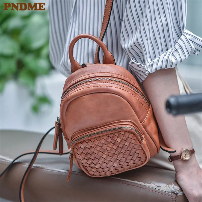 Simple Leisure Desig Natural Genuine Leather Ladies Woven Small Backpack Outdoor Work Weekend Party Girl Mini Cute Backpack