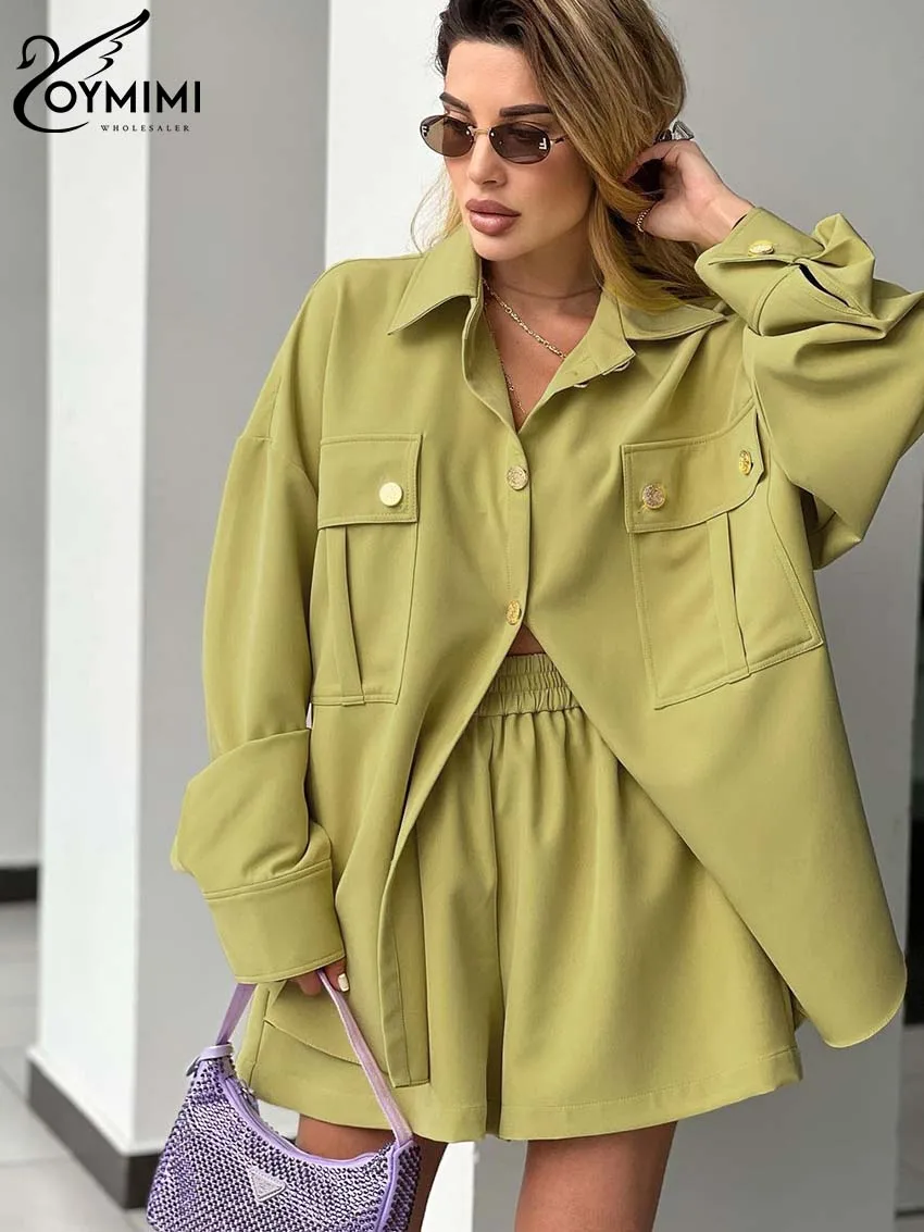 Oymimi Casual Yellow 2 Piece Sets Women Outfit Fashion Long Sleeve Pockets Button Shirts And High Waisted Simple Shorts Sets