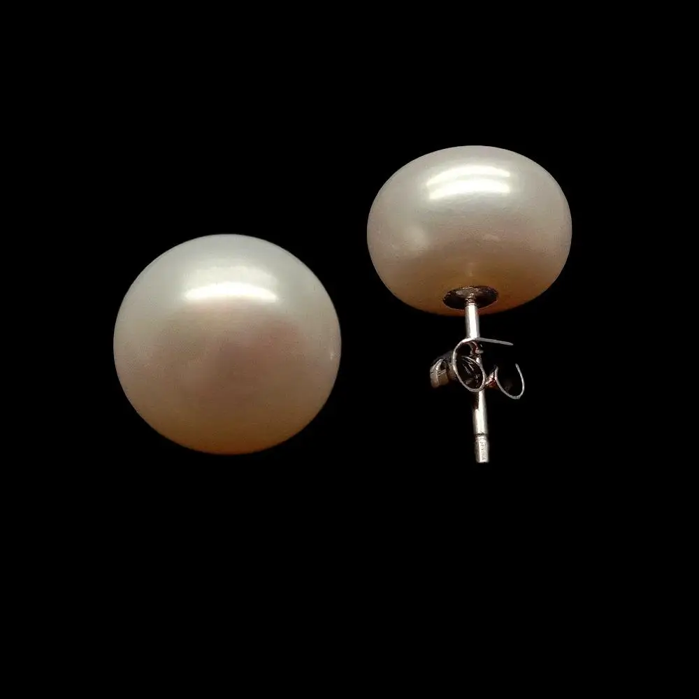 

YYGEM AAA Grade 11mm natural Cultured White Pearl Semi Round 925 Silver Stud Earrings