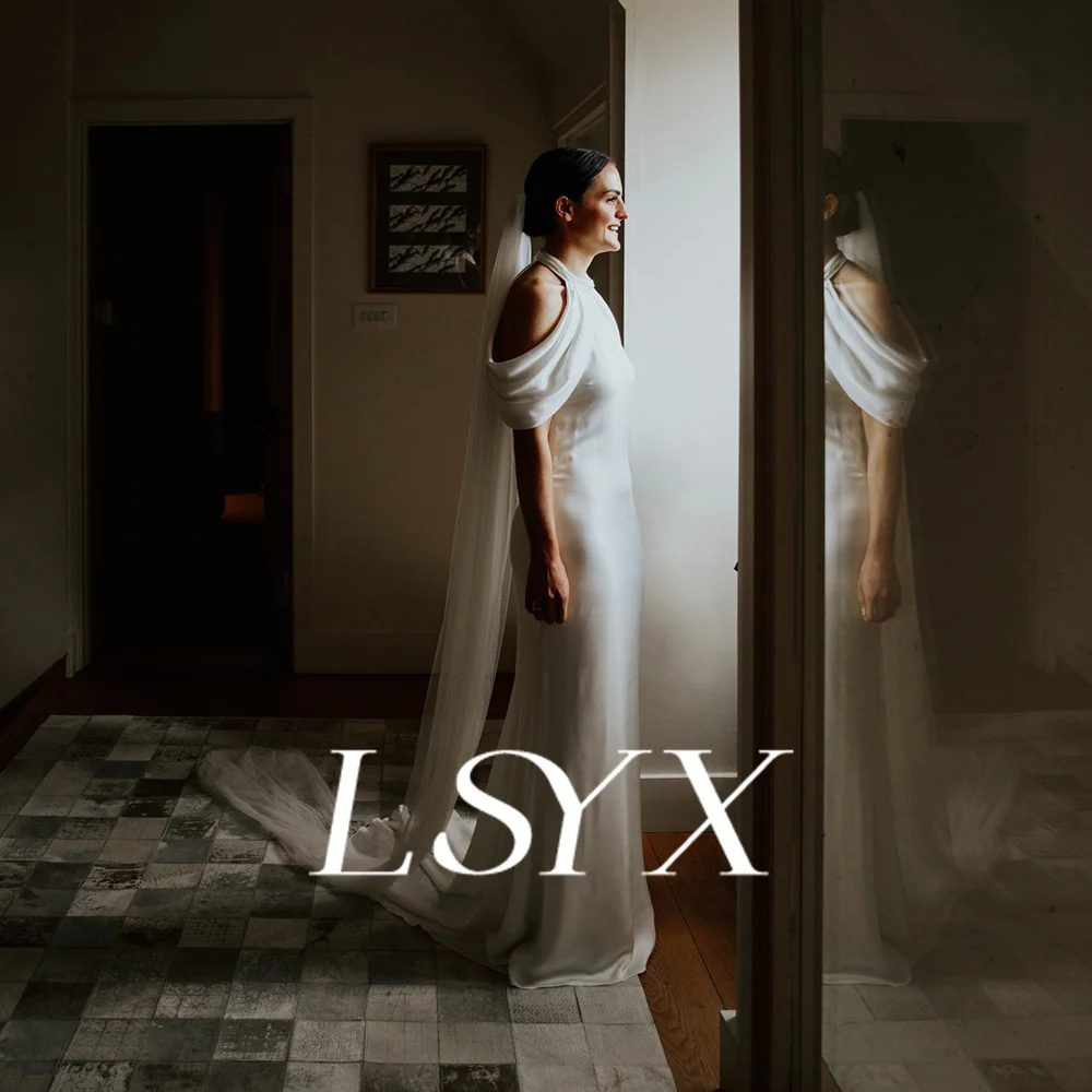 Lsyx ชุดเดรสแต่งงานทรงนางเงือกมีกระดุมคล้องคอแบบกระดุมผ่าข้างสำหรับผู้หญิงชุดเจ้าสาวแบบเปิดหลังออกแบบได้ตามต้องการ