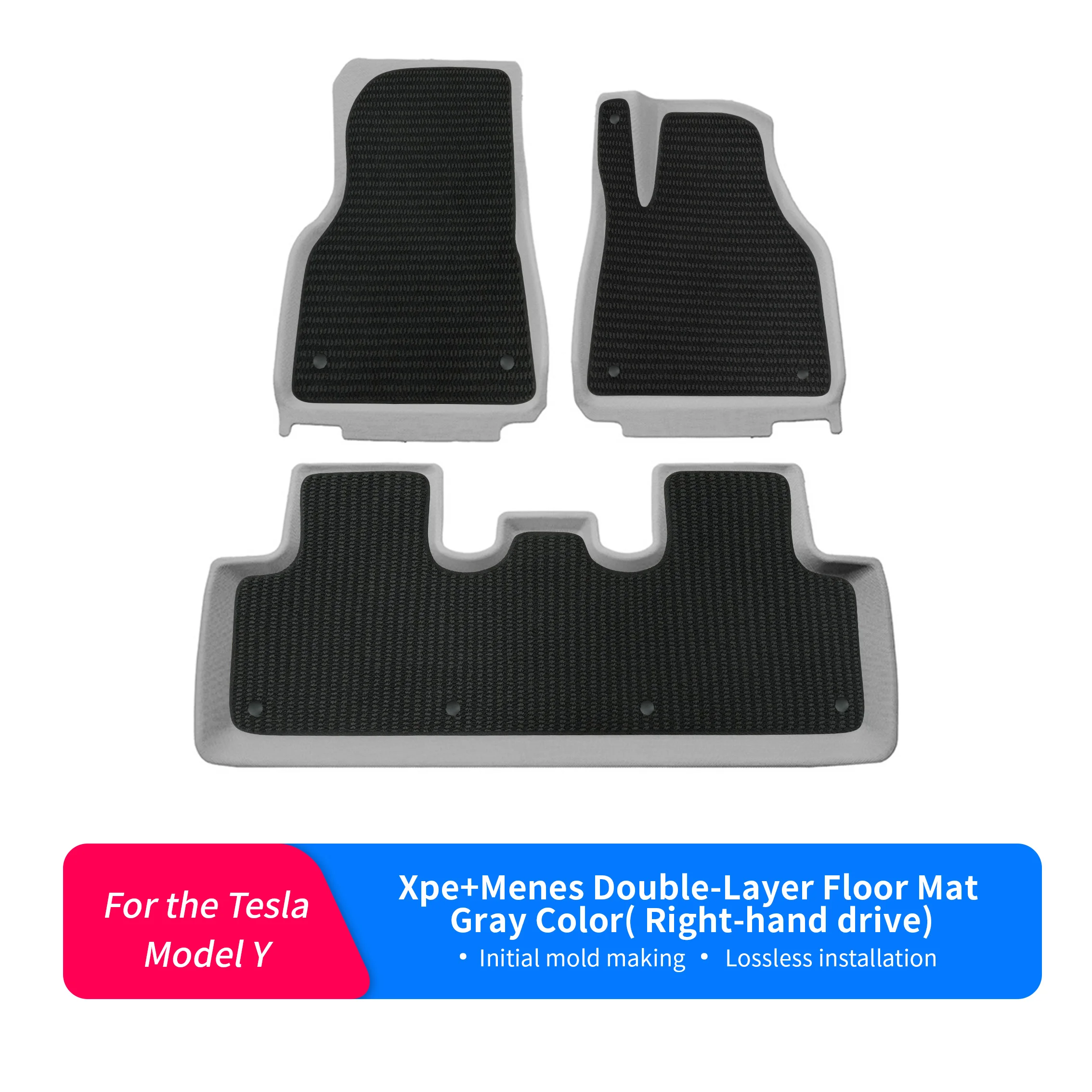 Gray XPE Dual-Layer Floor Mats for Tesla Model Y RHD – Removable Menis Top Layer, Waterproof & Easy-Clean