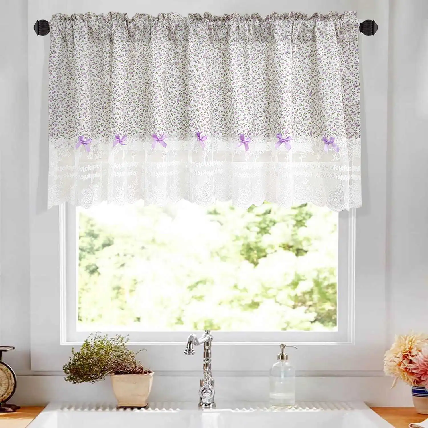 Countryside Small Floral Curtains with White Lace Sewn At The Hem Luxury Short Curtain for Windows Door Living Room Home Decor