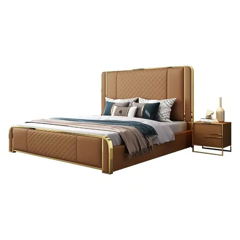 ￥ # Zeitgenössisches Luxuriöses Einfaches Massivholz-Doppelbett mit Lederbezug, Weiches King-Queen-Size-Bett für Villen mit Hohem Kopfteil