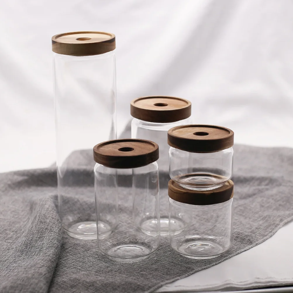 

750ML Glass Tea Transparent Heat Resistant Storage Jar with Wooden Lid Spice Container Sealed Biscuit Coffee Bean Rice