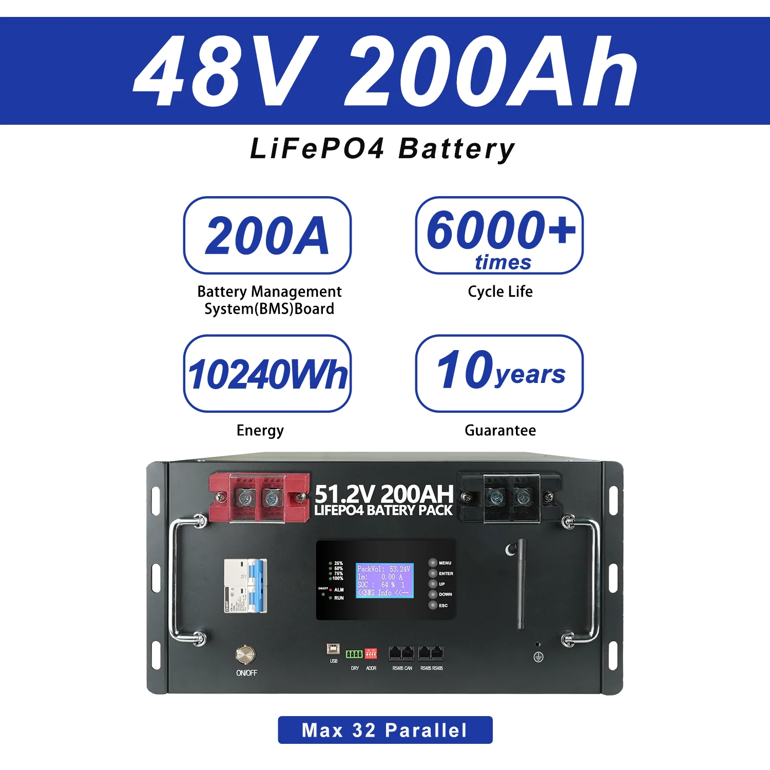 48V 100Ah 120Ah 200Ah 300Ah LiFePO4-Batterie 16S Eingebautes BMS 51,2V Lithium-Eisenphosphat-Batterien für Wohnmobile Solar Keine Mehrwertsteuer und Aussteuer