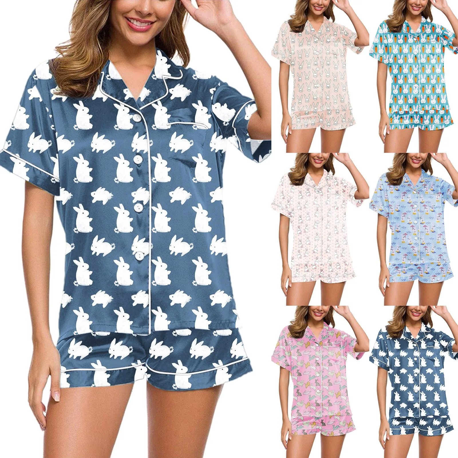 2 Piece Set Pajamas For Women Graphic Cute Roller Rabbit Print Pajama Short Sleeve Button Shirt And Shorts Pajama Set Sleepwear