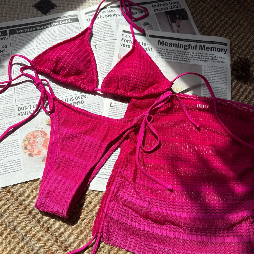 Rosa 3-teiliger Bikini mit Rock, Farbverlauf, Damen-Badebekleidung, Badeanzug, dreiteiliges Bikini-Set, gepolsterter Badeanzug, Badebekleidung, Schwimmbekleidung V6696 – Detail 13