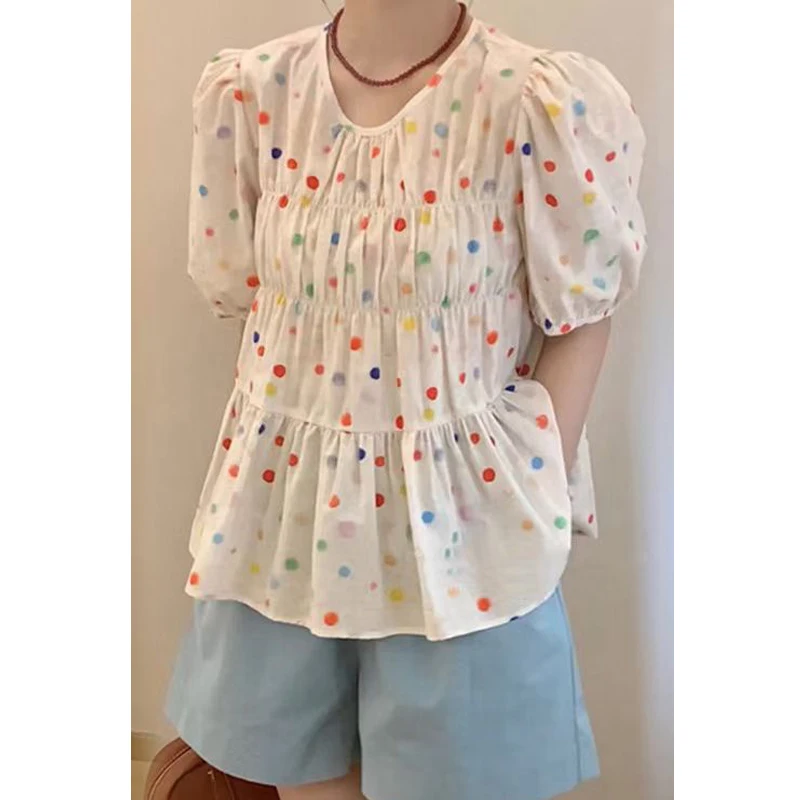 Dames Koreaanse Modekleurige Bolletjesprint Zoete Blouses 2024 Zomer Casual Kawaii Korte Mouw Shirts Chic Ronde Hals Losse Tops