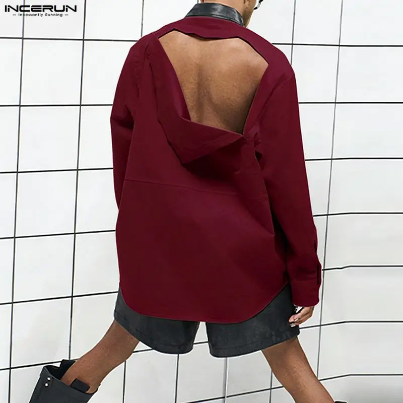 

INCERUN Men Shirt Patchwork Lapel Long Sleeve Button 2026 Men Clothing Streetwear Loose Hollow Out Backless Fashion Camisas Tops