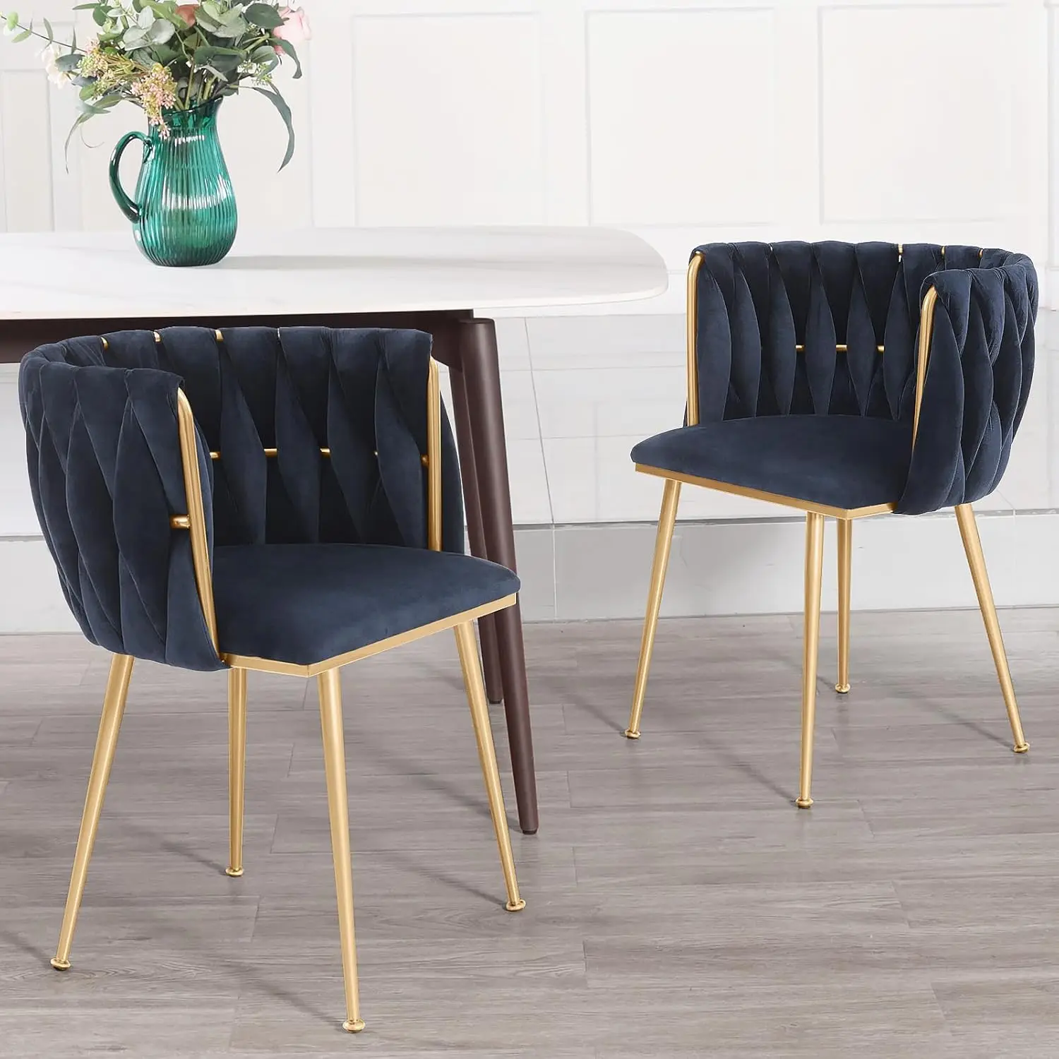 Dining Chairs Set of 2, Accent Chairs with Gold Metal Legs, Woven Upholstered Dining Chairs for Living Room/Bedroom/Kitchen