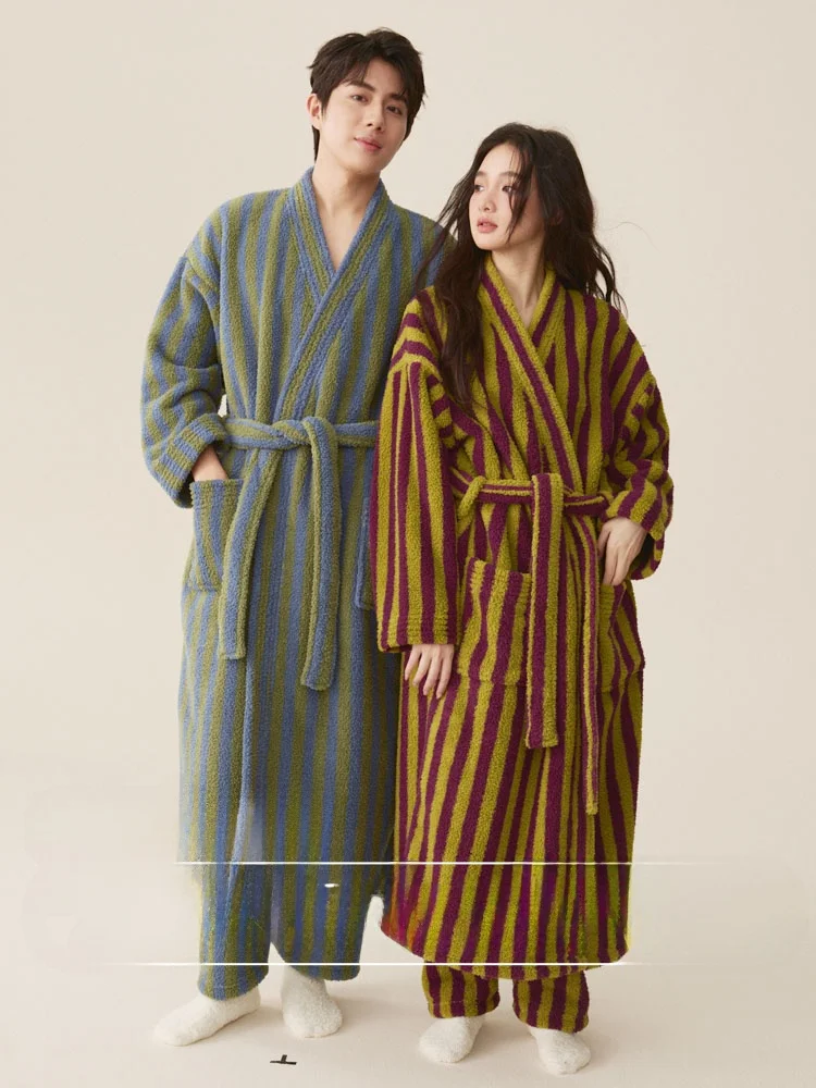 New Coral Fleece Robe Extended Thickened Version for Men Couple Sleepwear Set Winter Warm Home Clothes Polyester Fabric