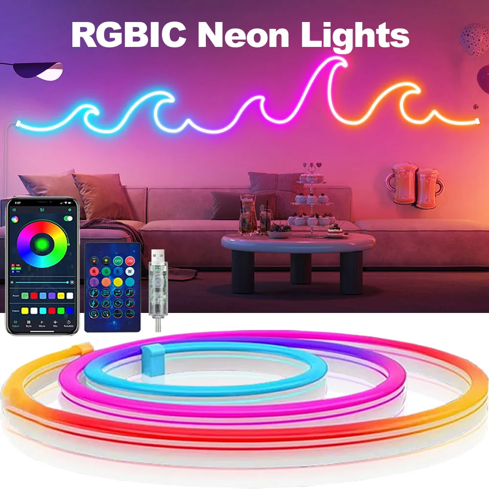

Неоновая светодиодная лента 5 В USB RGBIC, неоновая лента IP65 RGBIC 1,5 м с приложением Bluetooth и пультом дистанционного управления для неонового декоративного освещения своими руками