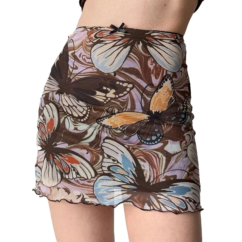 Korean Style Mini Bodycon Skirt Butterfly Print High Waist Elegant Short Straight Skirts Aesthetic Vintage Women Streetwear