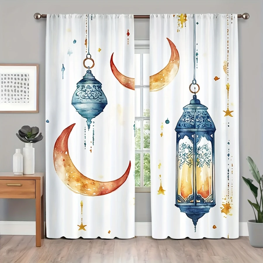 2PCS Digital Print Curtains, Watercolor Star Moon Lantern, Dreamy Bohemian Night Decor Soft Pastel Lunar Festival Bedroom Drapes