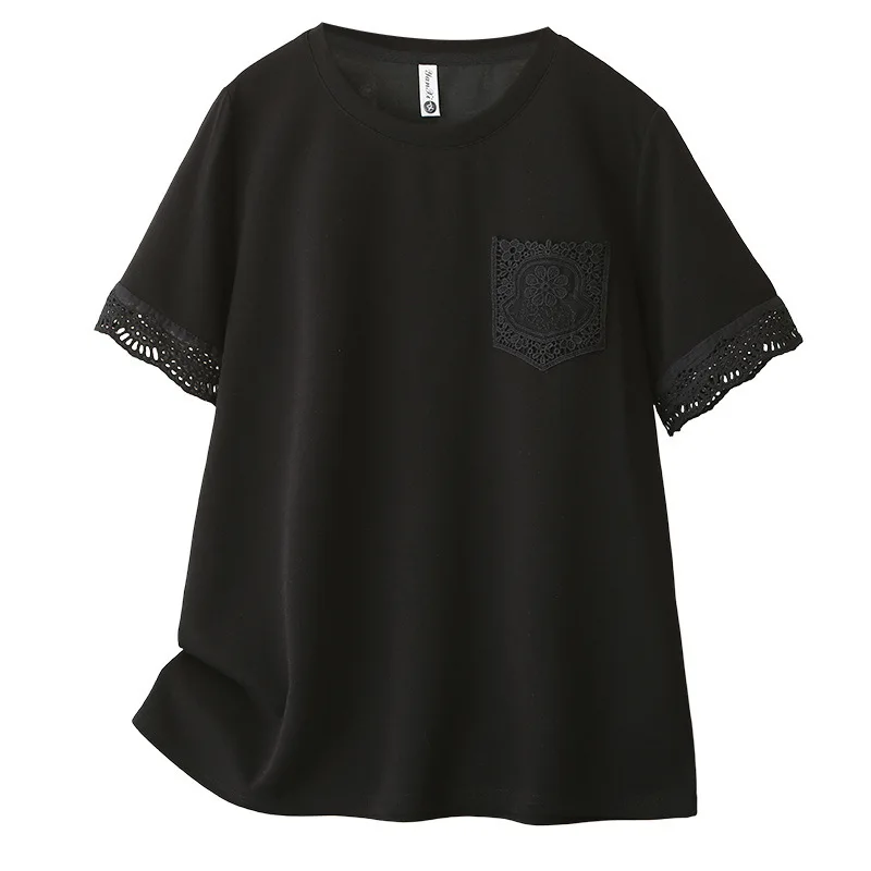 

2026 Summer Plus Size Mamba Cotton T-Shirt Women Patchwork Lace Crew Neck Short Sleeve Casual Tops 2602
