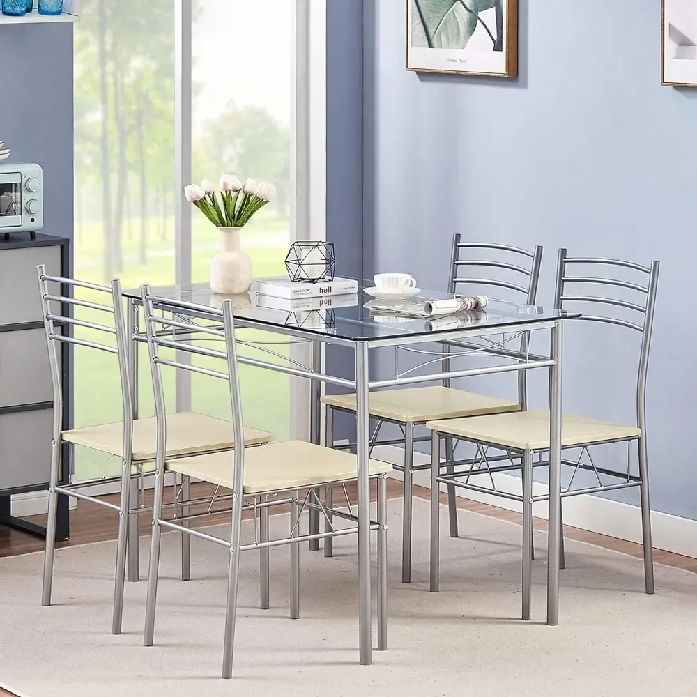 Dining Set 4 Chairs Free Shipping 5 Piece Dining Table Set for 4 With Chairs Small Space Dinning Tables Sets Silvery Glass Top