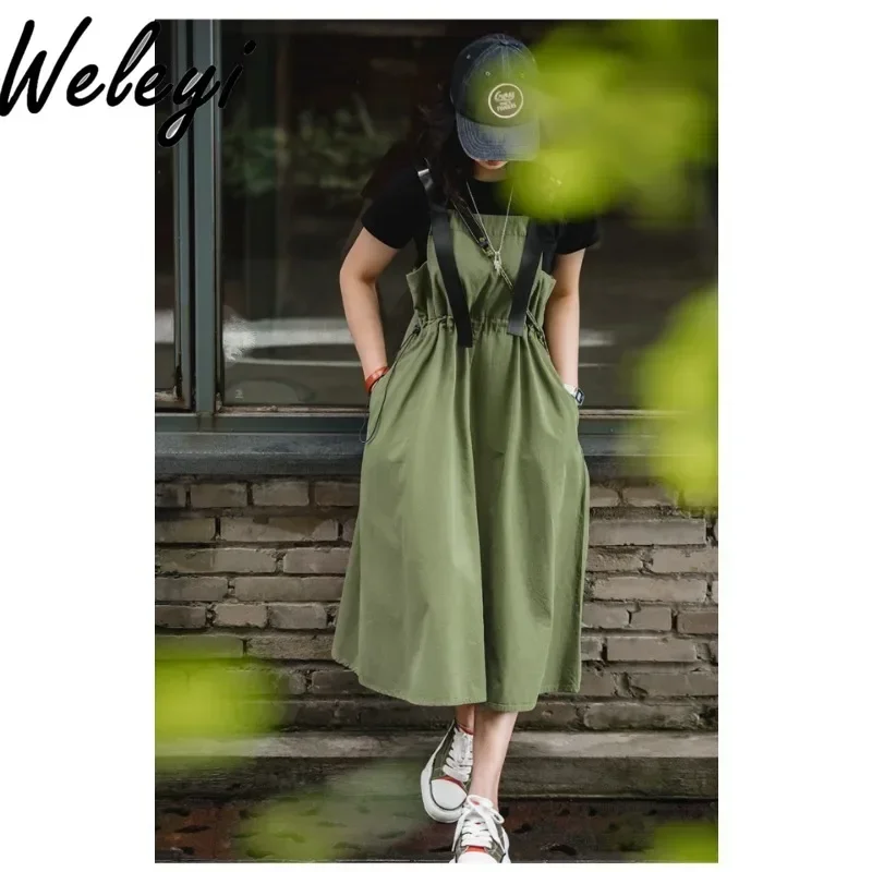 

Cute Army Green Workwear Suspender Dress Sukienki Japanese Fashion Women's 2024 Summer Drawstring A Line Sling Loose Long Frock