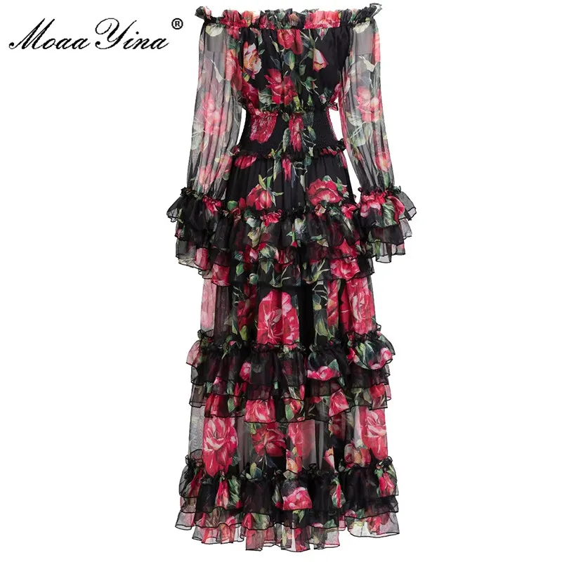 MoaaYina Designer-Mode Herbstkleid für Damen, Bohemian-Urlaubskleid mit Vintage-Blumendruck und Kaskadenrüschen, Elegante Kleider