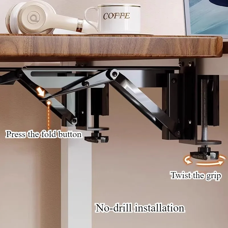 Image 7: Support de bureau extensible sans perçage pour ordinateur, panneau de bureau pliable avec bras articulé et support de clavier étendu