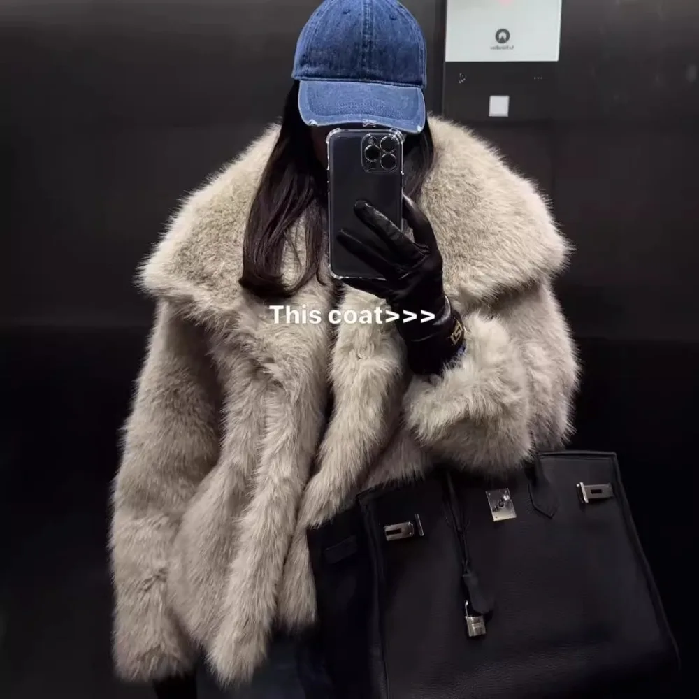 

Faux Fur Coat Women Short Jacket Winter Overcoat Lapel Thick Fluffy Long Sleeve Warm Outerwear Luxury Fur Jacket Coat 2025