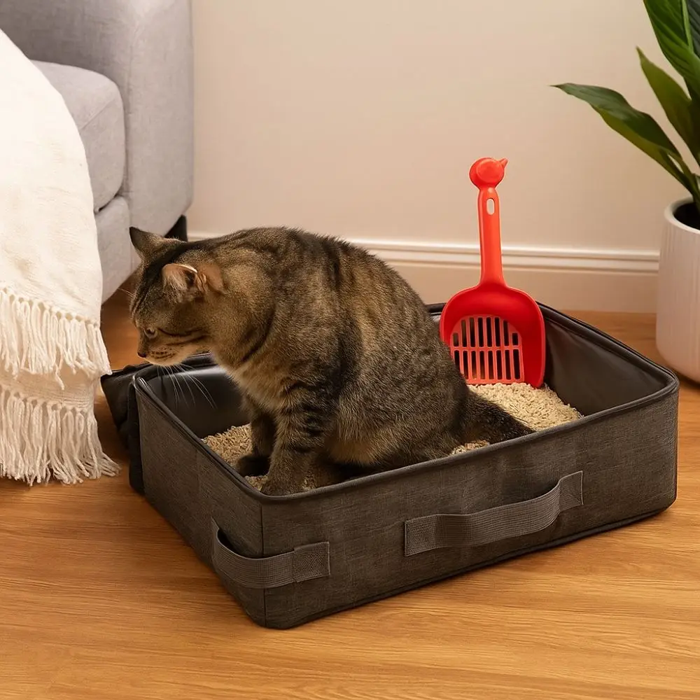 

Oxford Cloth Foldable Cat Litter Box Waterproof Large Capacity Travel Litter Pan with Shovel Rectangular Portable Pet Toilet