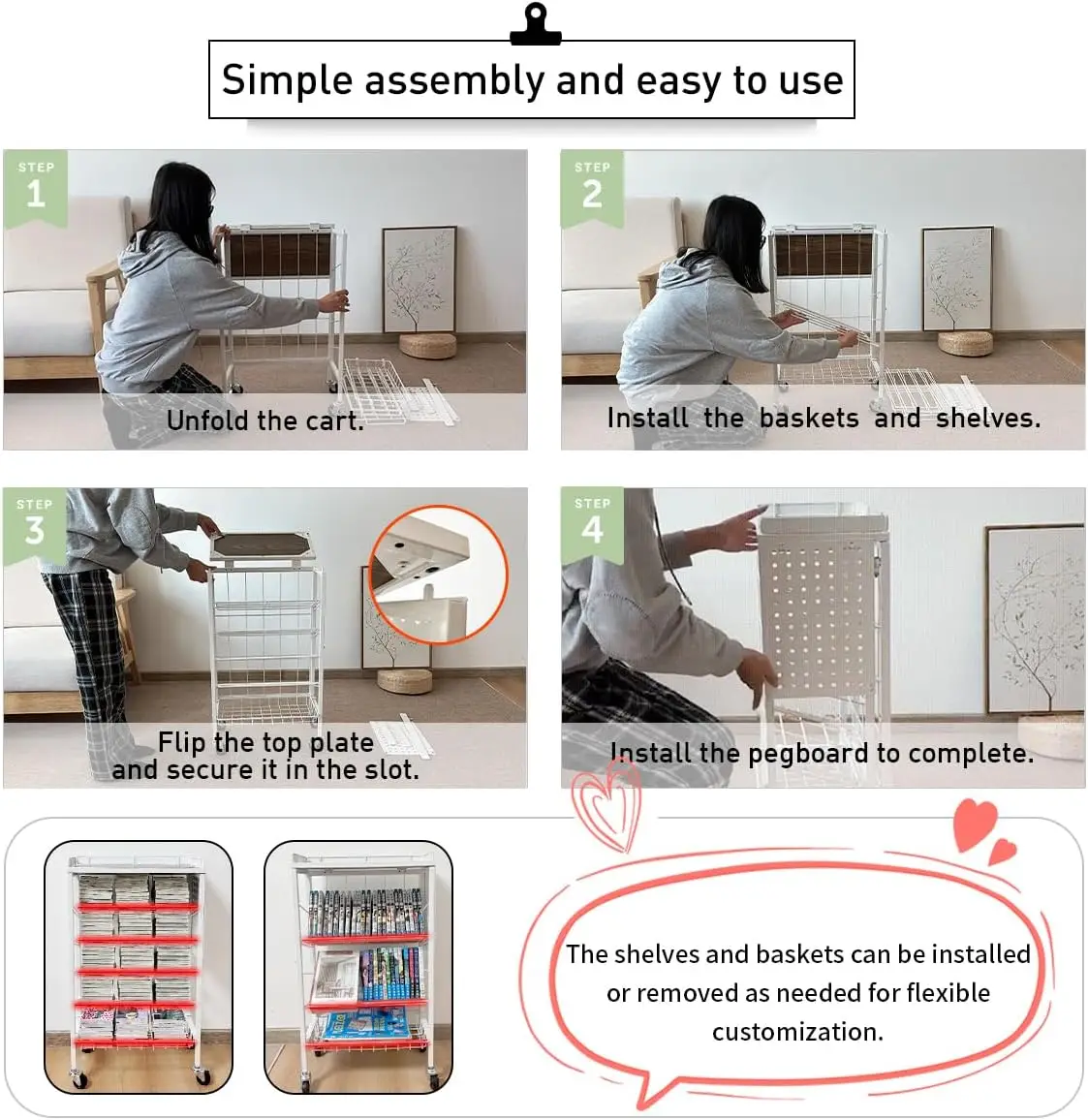 Carrinho de livro dobrável, estante de grande capacidade de 6 camadas, prateleiras inclinadas em forma de v de face única com rodas de freio com pegboard slim rol