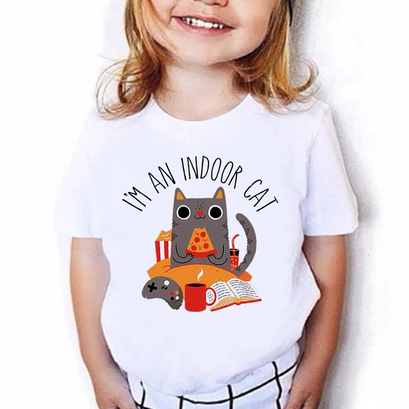 

Одежда с милым дизайном, футболки с надписью «Я — домашняя кошка», детская футболка в стиле манга для мальчиков и девочек, летняя и весенняя повседневная футболка